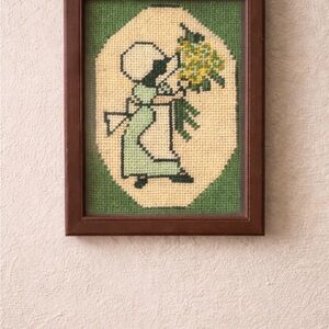 Framed Needlepoint Sunbonnet Girl Holding Flowers - Green & Cream